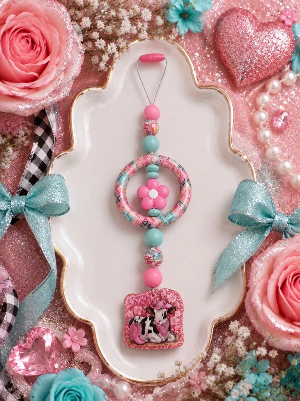 Handmade Pink & Aqua Floral Beaded Car Charm